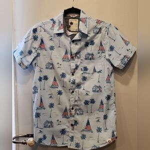 Free Planet Men's Blue Shirt with Palm and Flag Design - Sz S